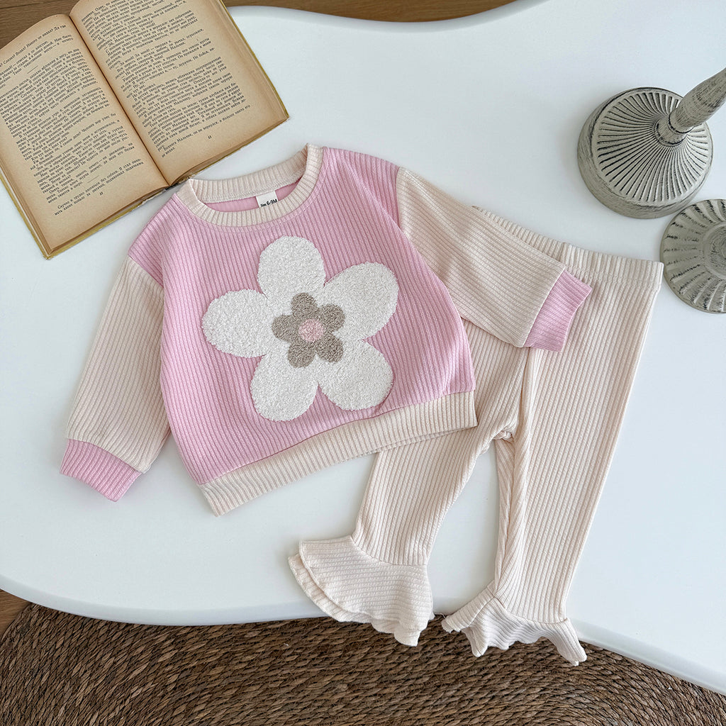 Baby Girl 3D Flower Embroidered Ribbed Long Sleeve Top and Ruffle Flared Pants Set Autumn 0-3 Years Old