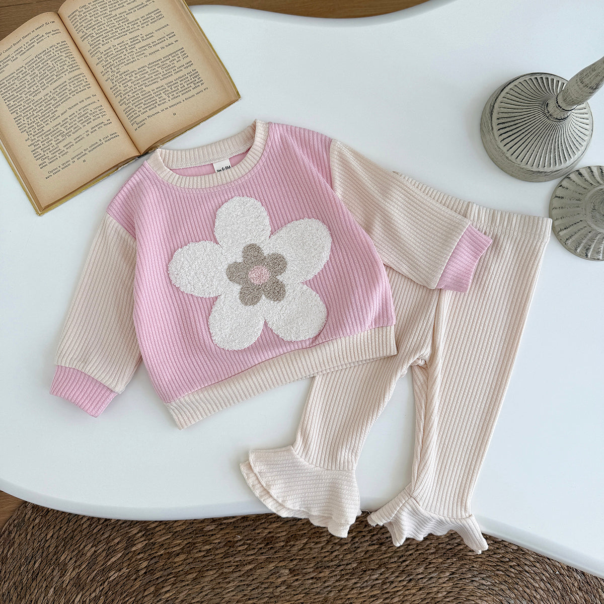 Baby Girl 3D Flower Embroidered Ribbed Long Sleeve Top and Ruffle Flared Pants Set Autumn 0-3 Years Old