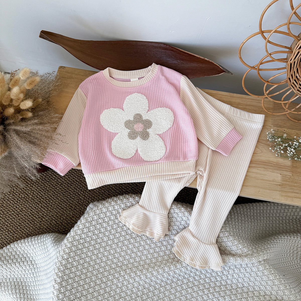 Baby Girl 3D Flower Embroidered Ribbed Long Sleeve Top and Ruffle Flared Pants Set Autumn 0-3 Years Old