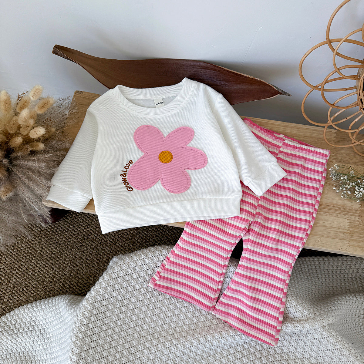 Baby Girl Applique Embroidered Long Sleeve Top and Pants Set Spring Autumn 0-3 Years Old