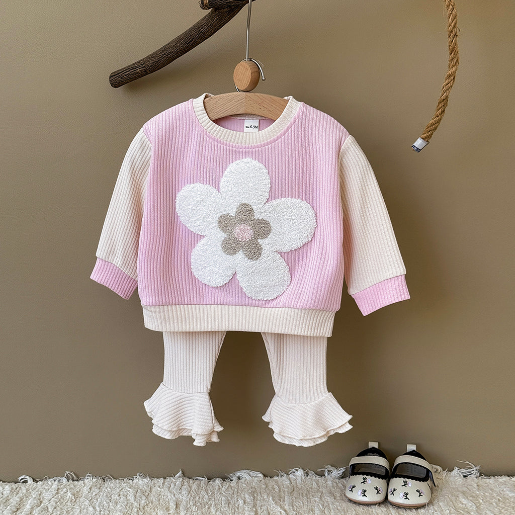 Baby Girl 3D Flower Embroidered Ribbed Long Sleeve Top and Ruffle Flared Pants Set Autumn 0-3 Years Old