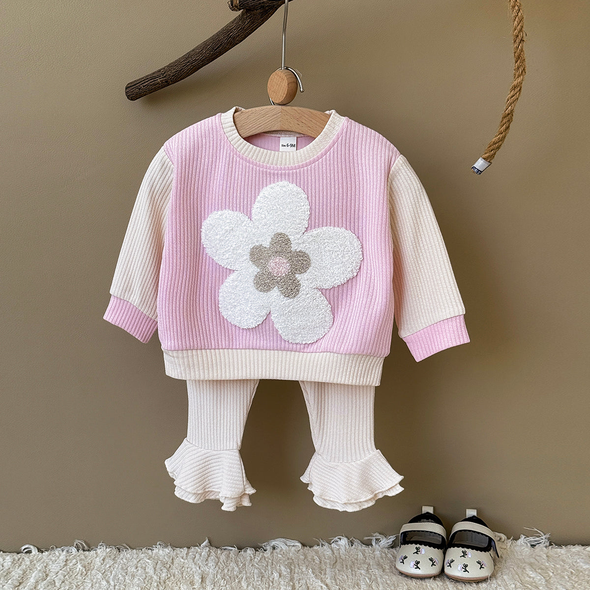 Baby Girl 3D Flower Embroidered Ribbed Long Sleeve Top and Ruffle Flared Pants Set Autumn 0-3 Years Old