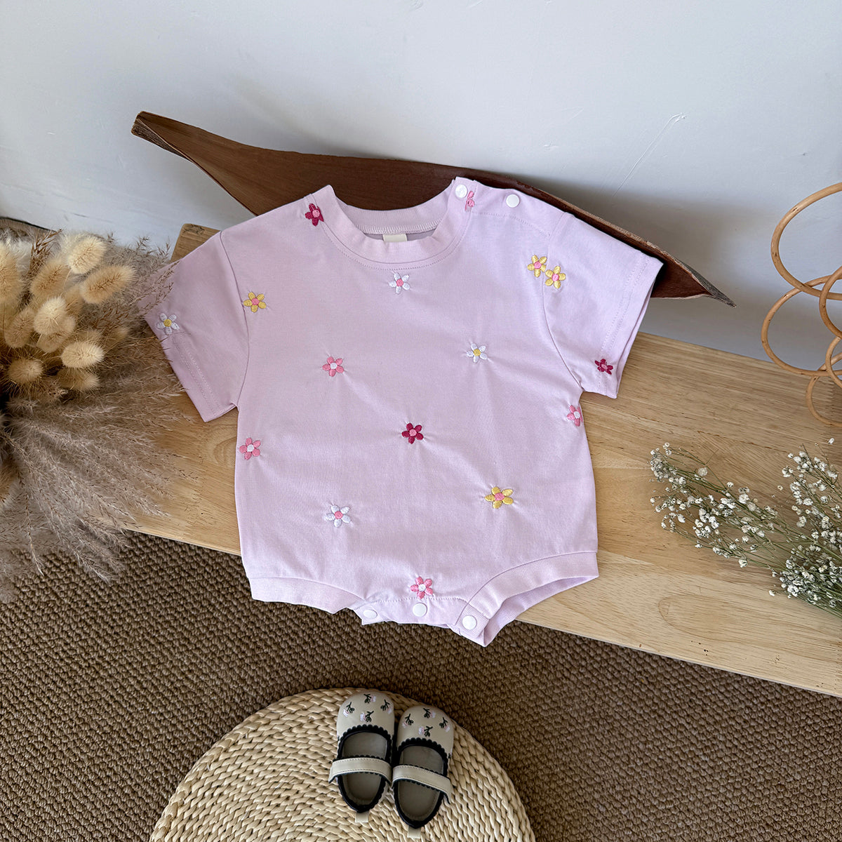Summer Floral Short Sleeve Romper for Baby Girls