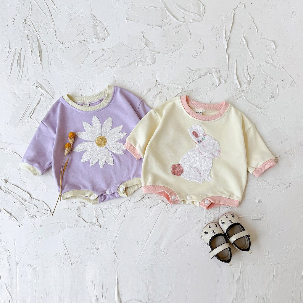 Baby Rabbit Flower Embroidered Cotton Blend Triangle Romper Spring Autumn 0-18 Months Old