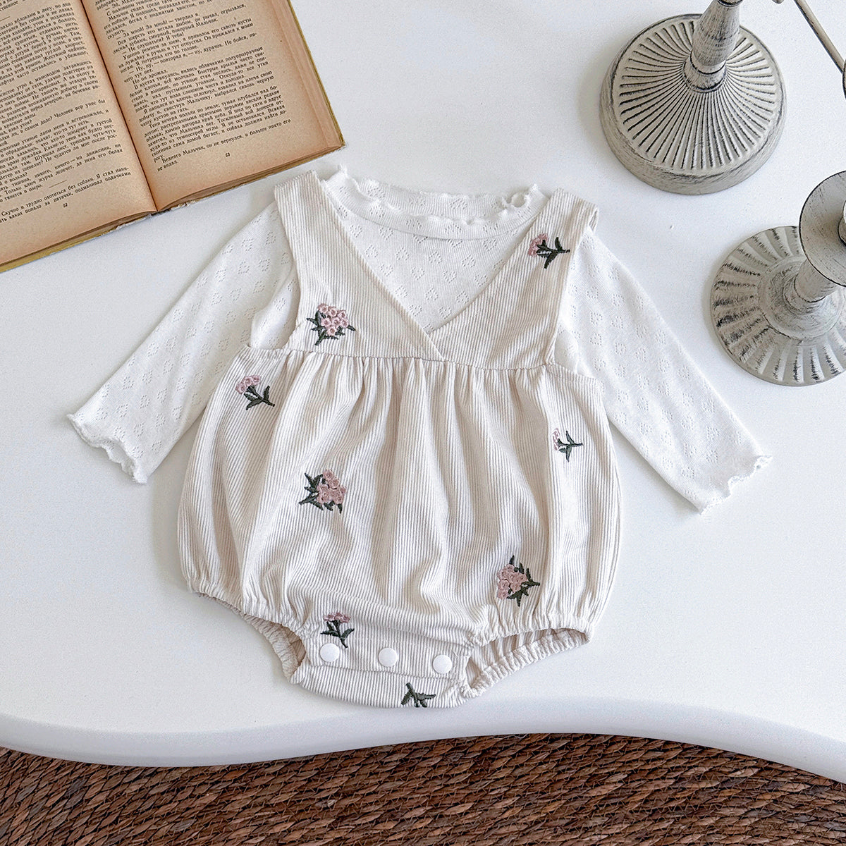 Baby Floral Embroidered Romper and Pants Set Spring Autumn 1-18 Months Old