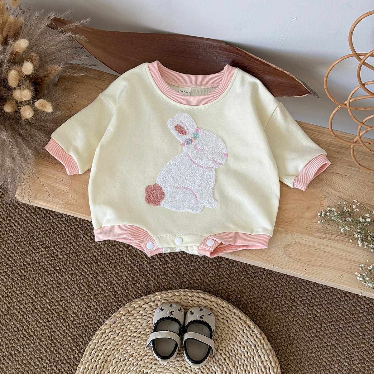 Baby Rabbit Flower Embroidered Cotton Blend Triangle Romper Spring Autumn 0-18 Months Old