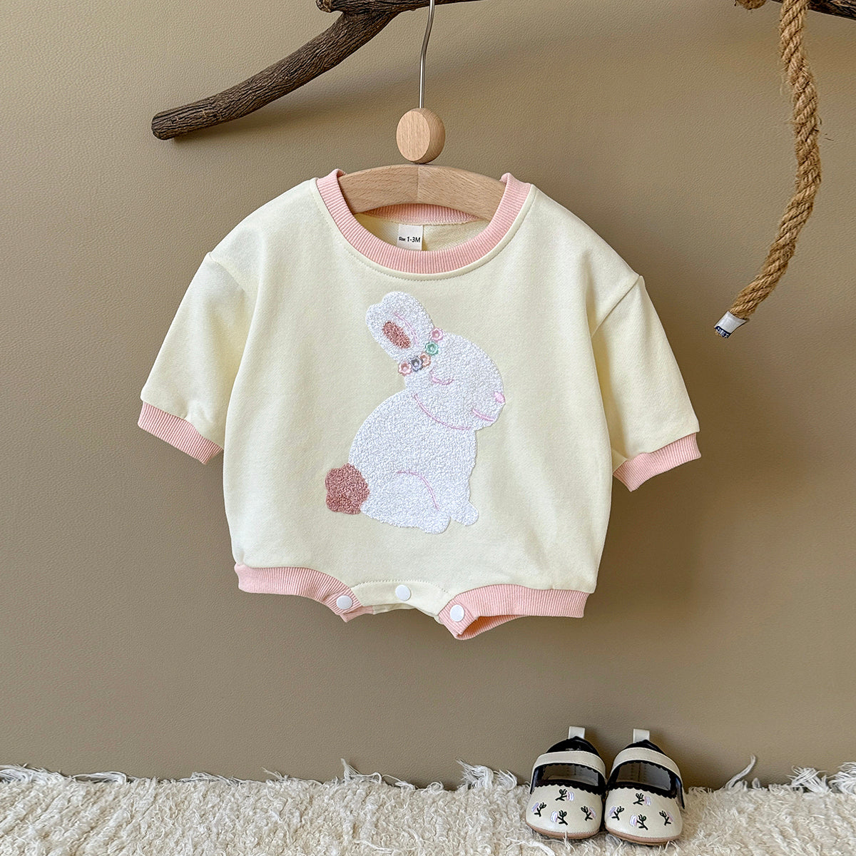 Baby Rabbit Flower Embroidered Cotton Blend Triangle Romper Spring Autumn 0-18 Months Old