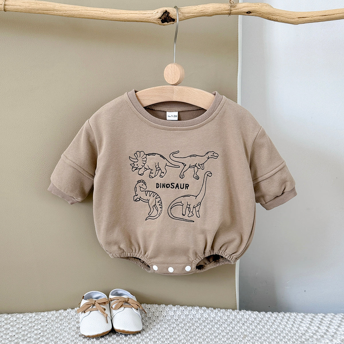 Baby Dinosaur Embroidered Cotton Blend Long Sleeve Romper 1-18Months