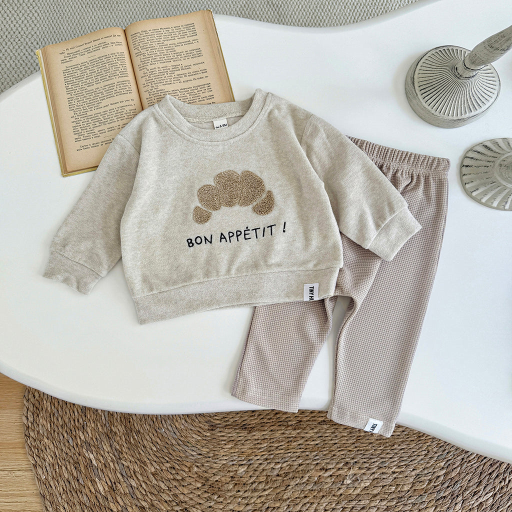 Baby Croissant Embroidered Top and Pants Outfit Set 6Months-3Years