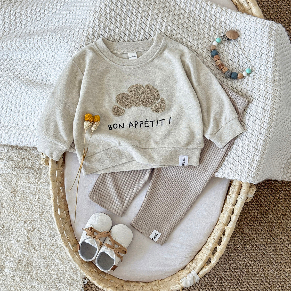 Baby Croissant Embroidered Top and Pants Outfit Set 6Months-3Years
