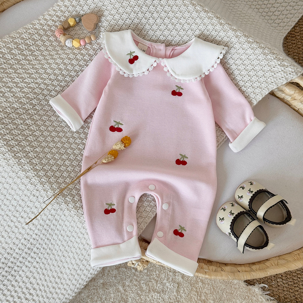 Baby Cherry Embroidered Long Sleeve Romper Jumpsuit 1-18Months