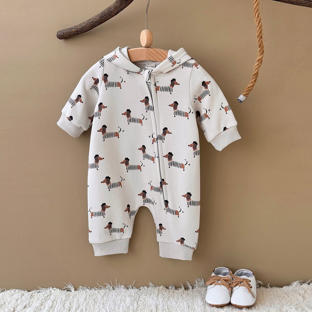 Neutral Baby Puppy Pattern Printed Long Sleeved Jumpsuit 1-18 Months