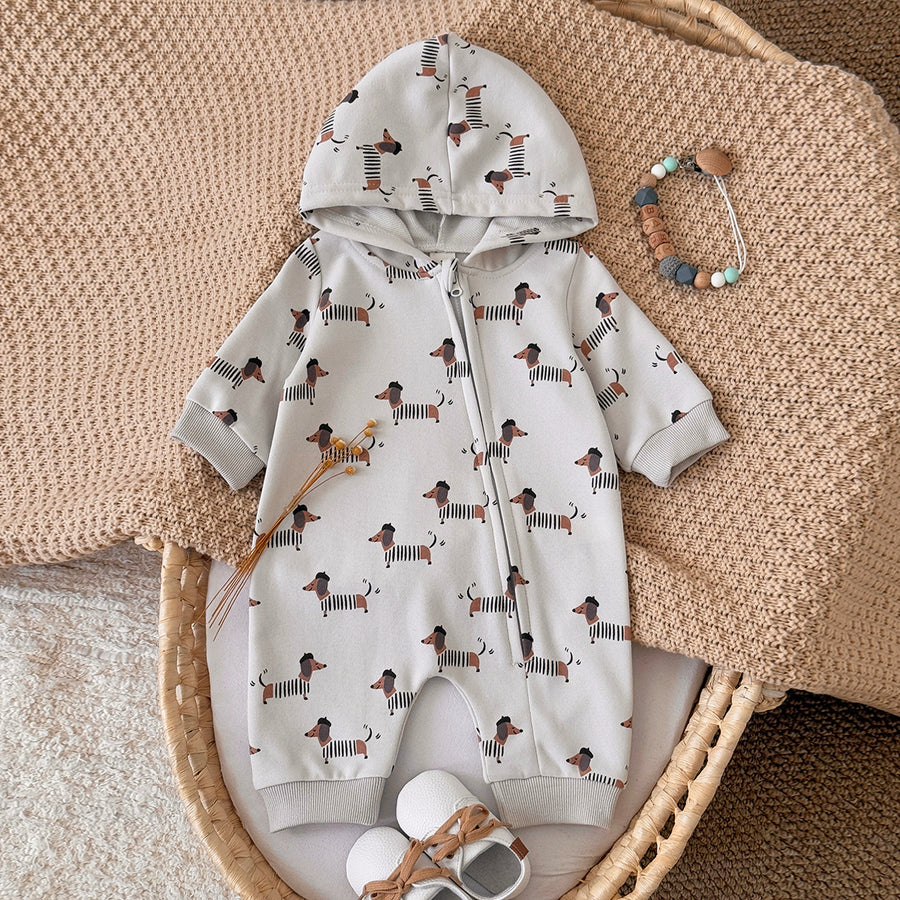 Neutral Baby Puppy Pattern Printed Long Sleeved Jumpsuit 1-18 Months