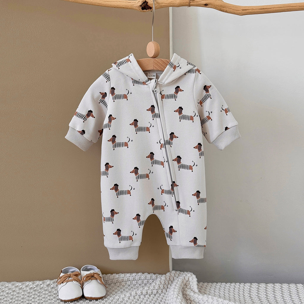 Neutral Baby Puppy Pattern Printed Long Sleeved Jumpsuit 1-18 Months