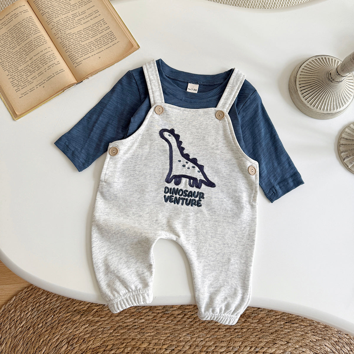 Neutral Baby Dinosaur Cotton Suspender Pants Outfit Set 1-18 Months