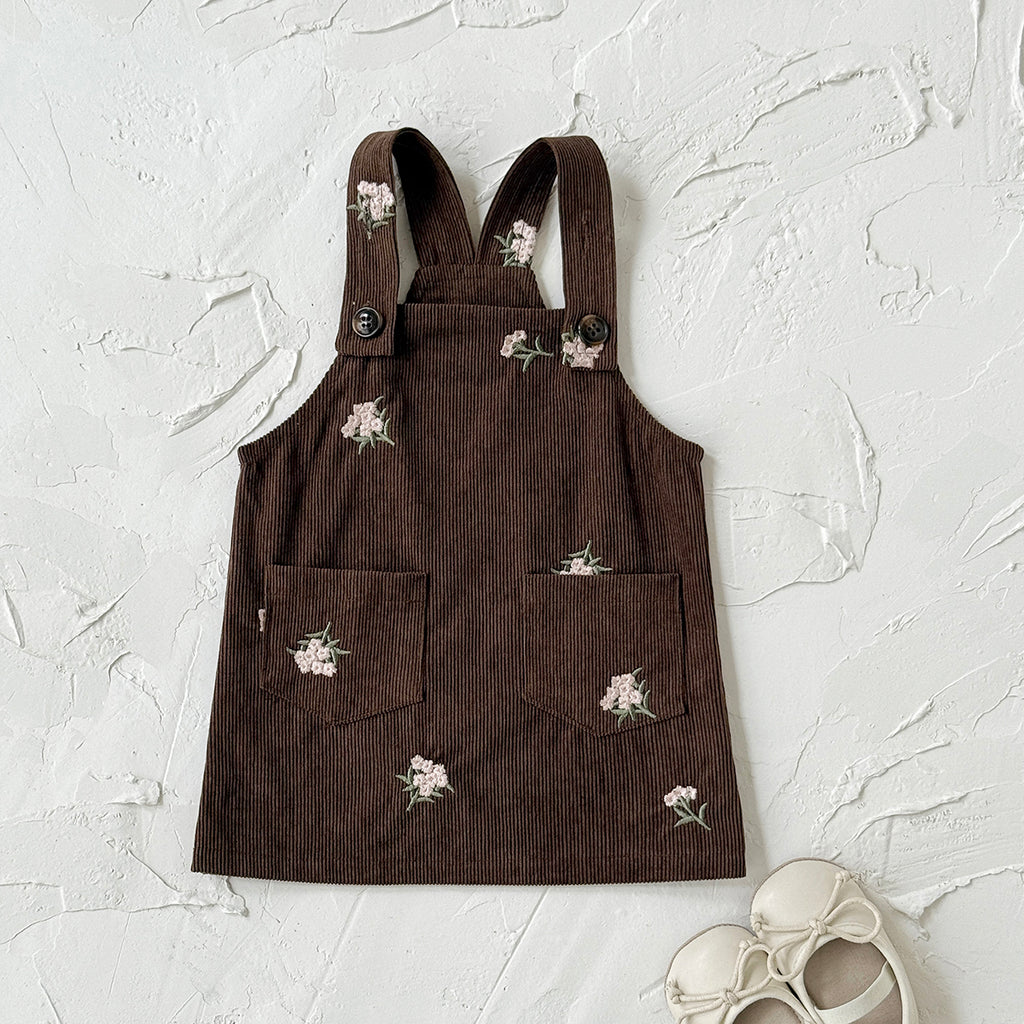 Spring Autumn Girls Embroidery Overall Dress With Double Pockets