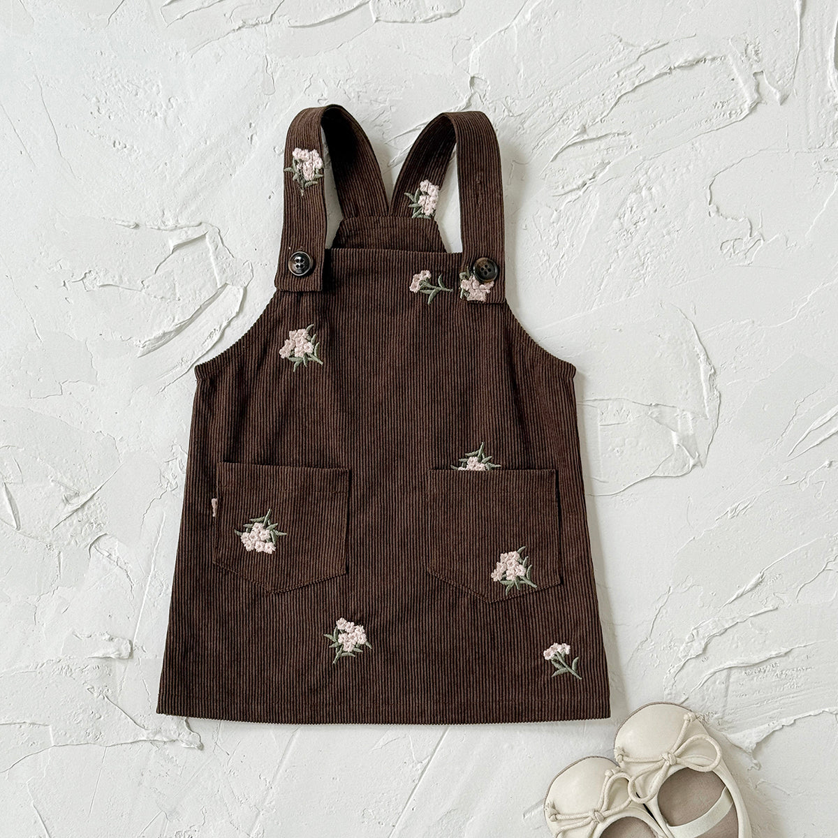 Spring Autumn Girls Embroidery Overall Dress With Double Pockets