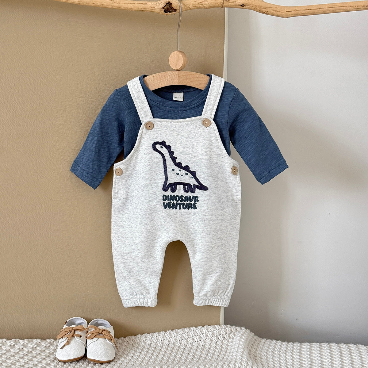 Neutral Baby Dinosaur Cotton Suspender Pants Outfit Set 1-18 Months