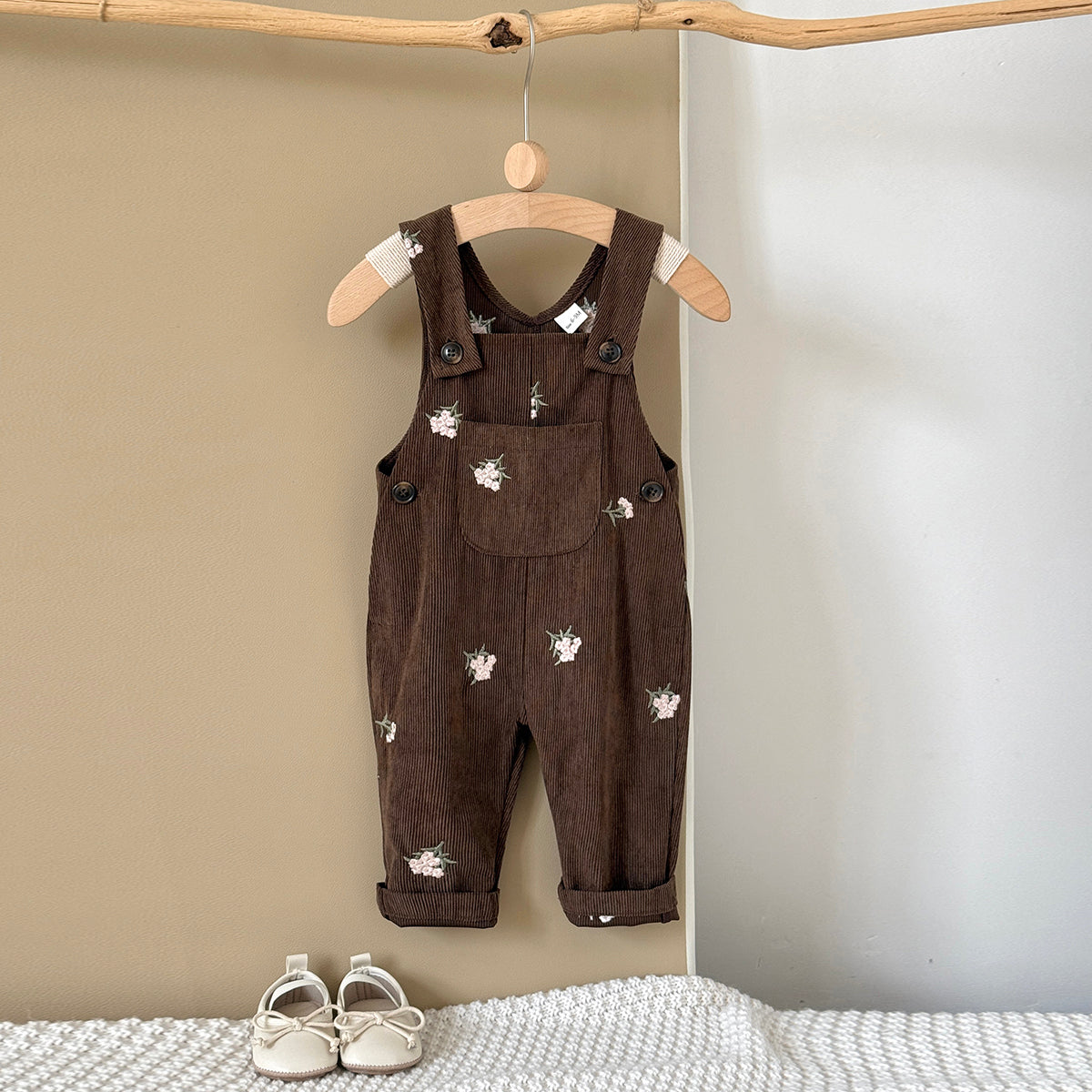 Baby Girl 2 Tone Embroidered Overalls, Loose Versatile Infant Trousers
