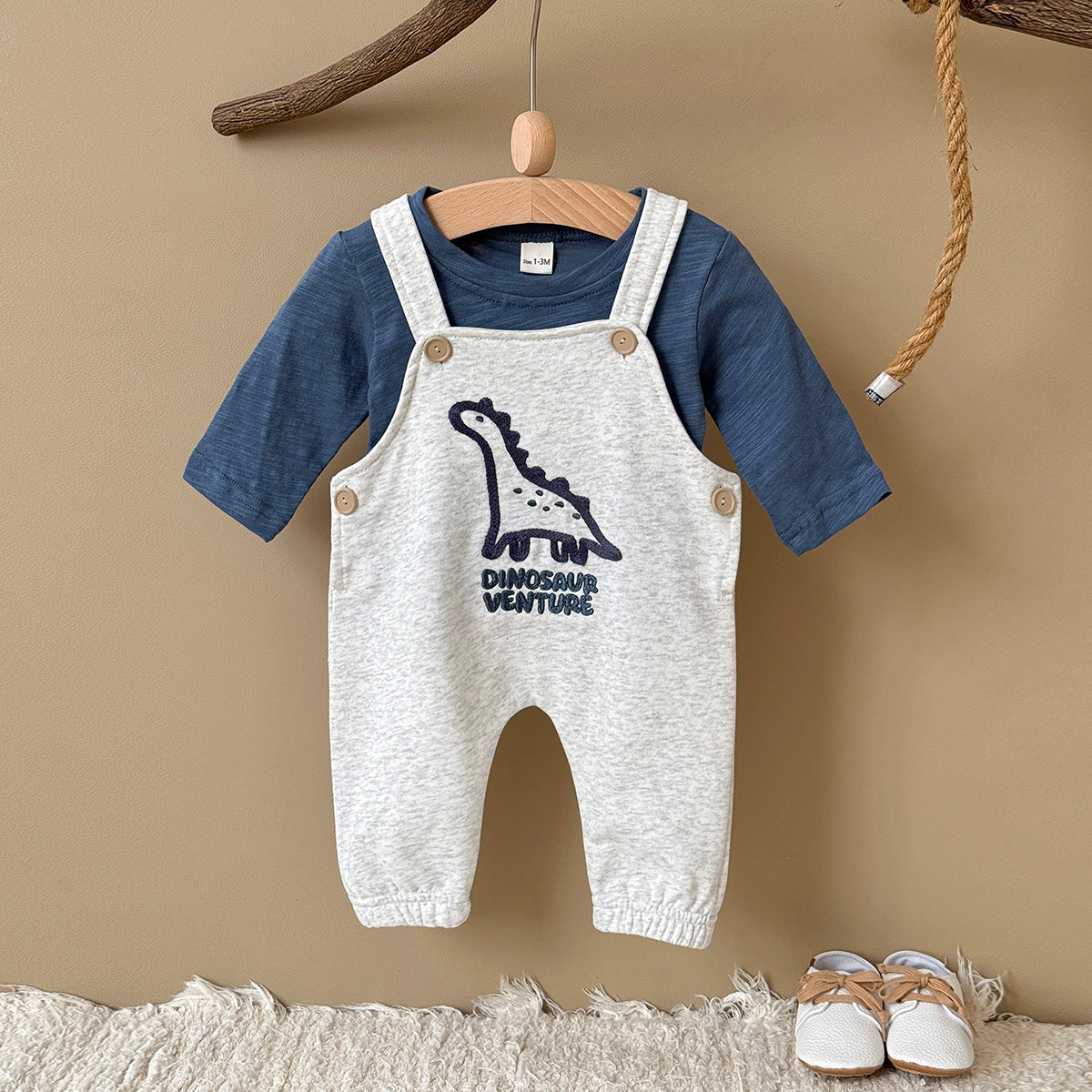 Neutral Baby Dinosaur Cotton Suspender Pants Outfit Set 1-18 Months