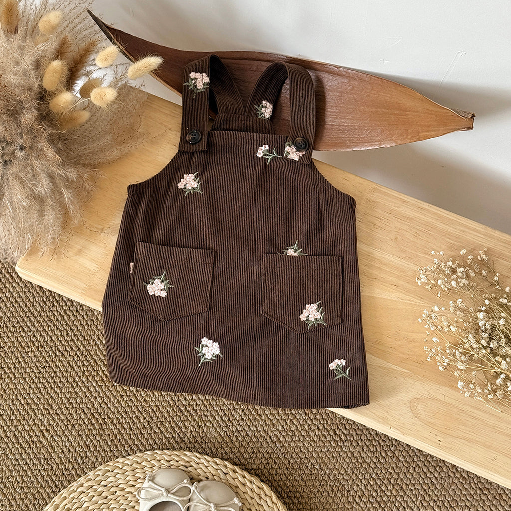 Spring Autumn Girls Embroidery Overall Dress With Double Pockets