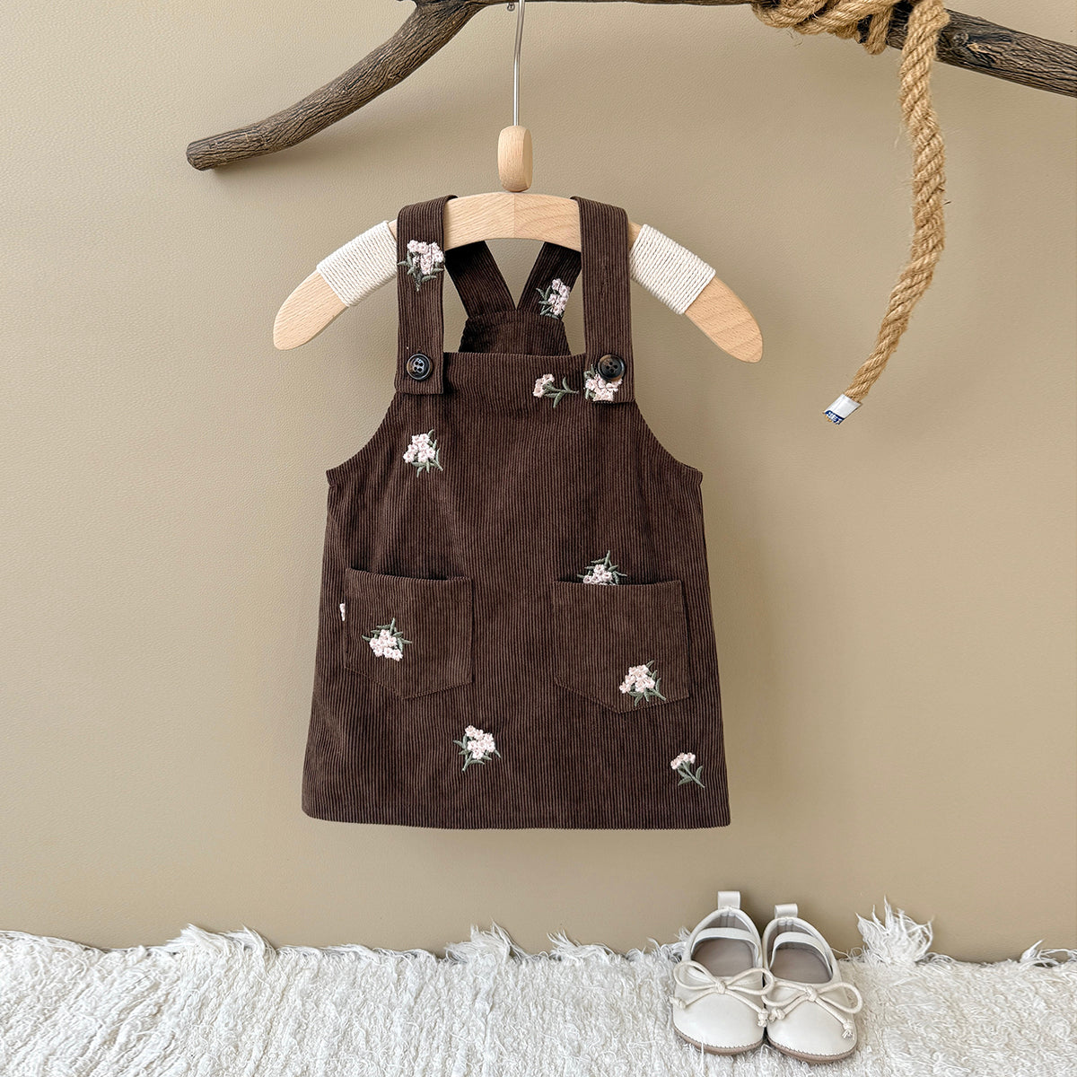 Spring Autumn Girls Embroidery Overall Dress With Double Pockets