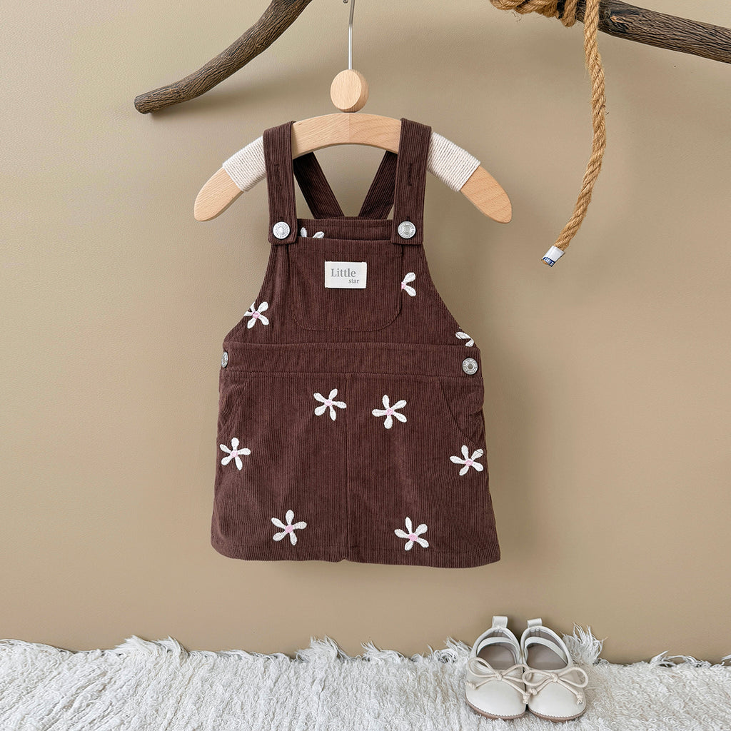 Baby Girl Floral Embroidered Corduroy Suspender Dress 6Months-3years