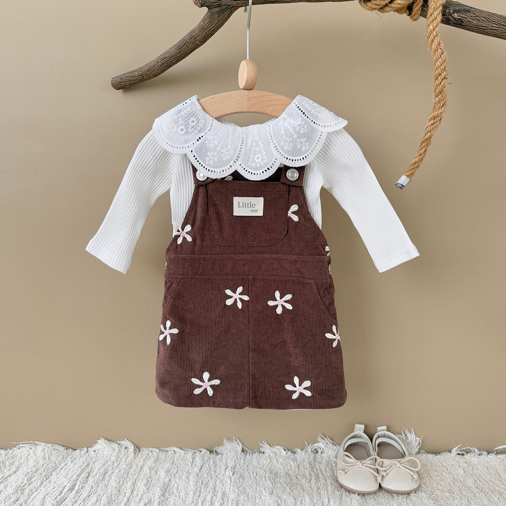 Baby Girl Floral Embroidered Corduroy Suspender Dress 6Months-3years
