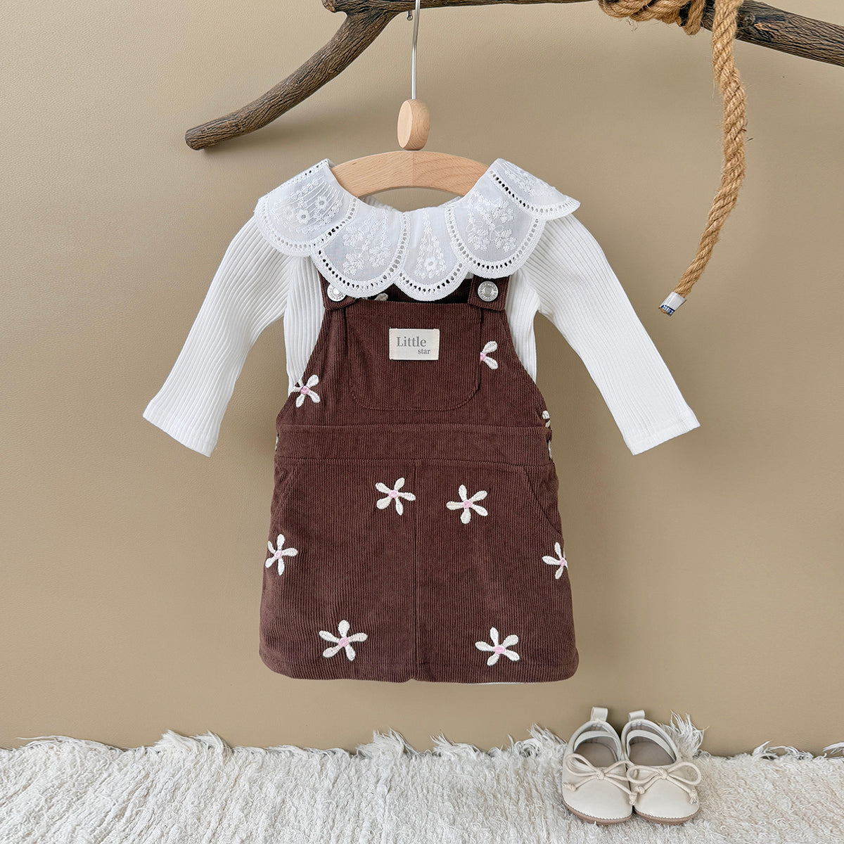 Baby Girl Floral Embroidered Corduroy Suspender Dress 6Months-3years