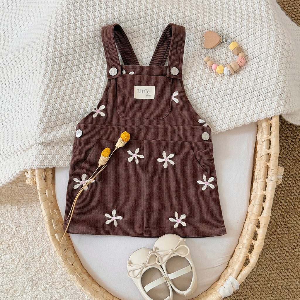 Baby Girl Floral Embroidered Corduroy Suspender Dress 6Months-3years