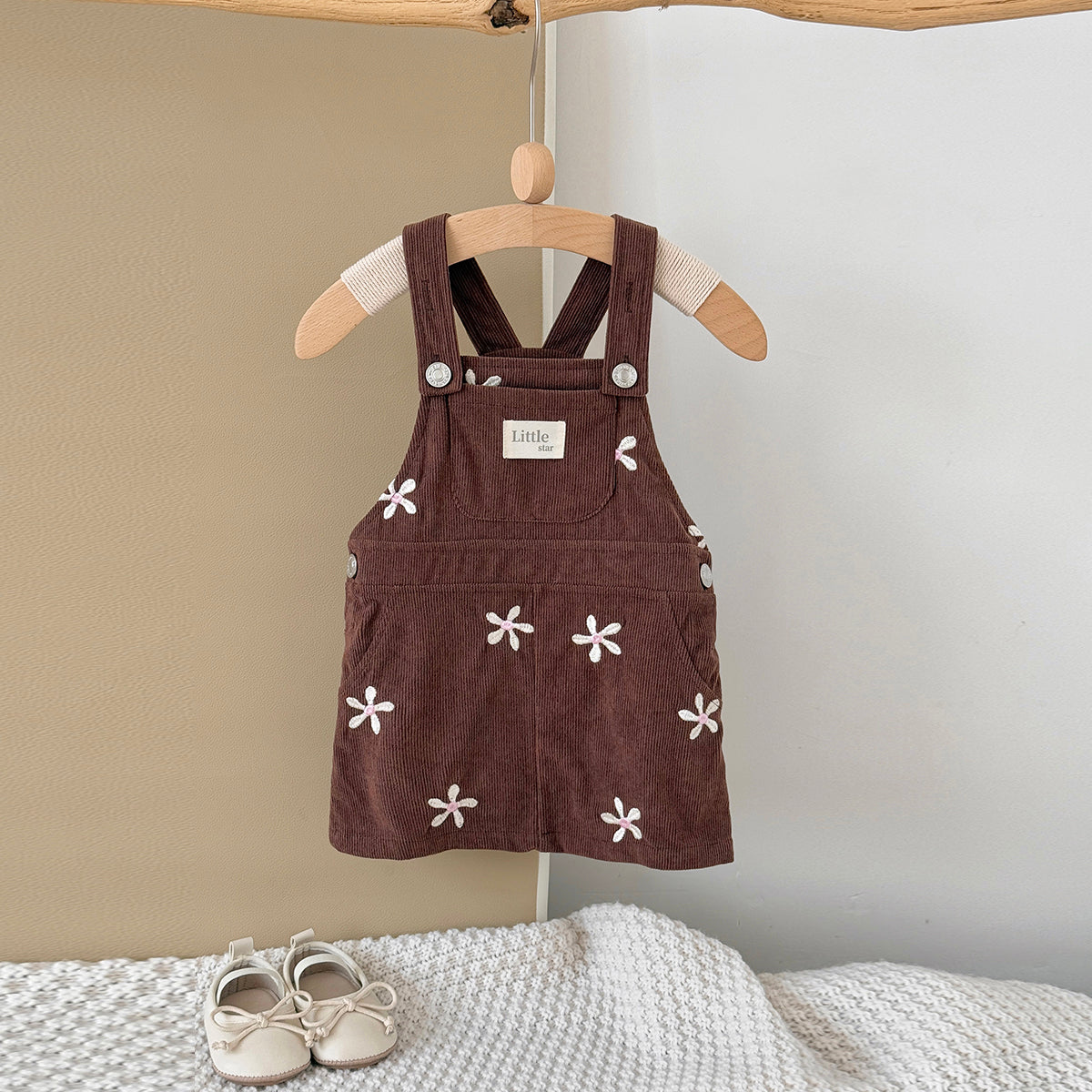 Baby Girl Floral Embroidered Corduroy Suspender Dress 6Months-3years
