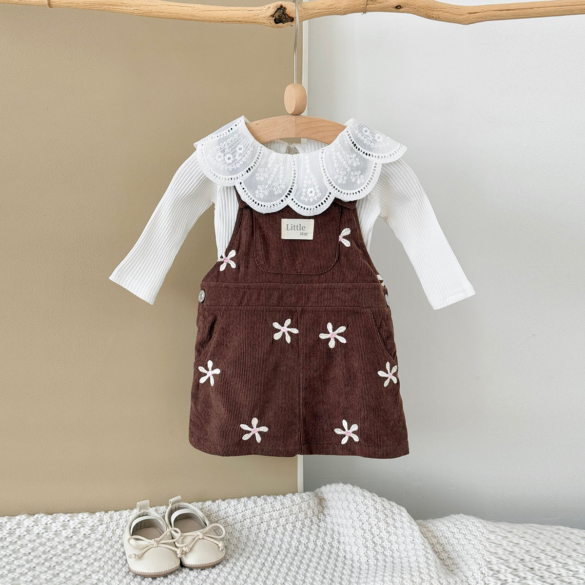 Baby Girl Floral Embroidered Corduroy Suspender Dress 6Months-3years