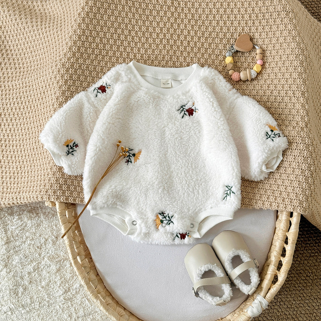 Autumn Winter Thick Fuzzy Baby Romper With Floral Embroidery