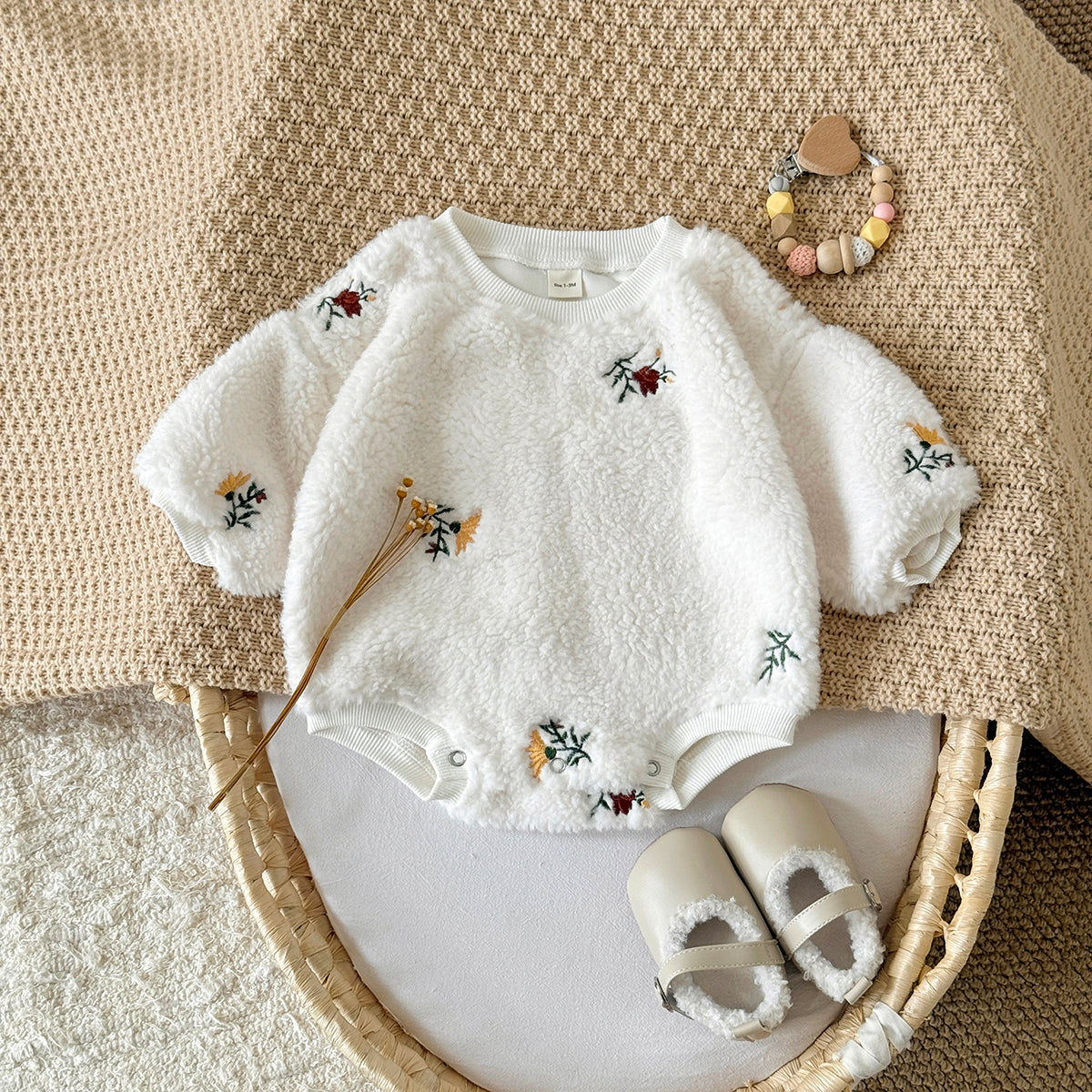 Autumn Winter Thick Fuzzy Baby Romper With Floral Embroidery