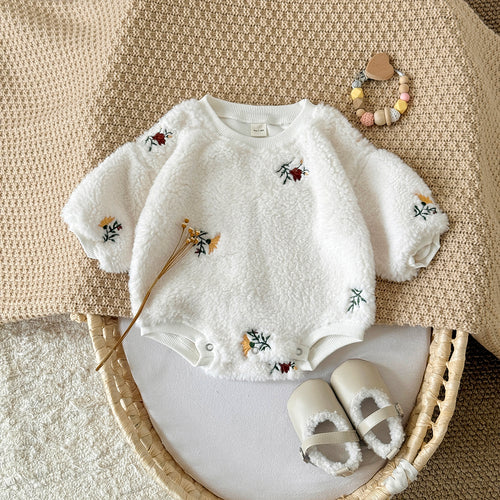 Autumn Winter Thick Fuzzy Baby Romper With Floral Embroidery