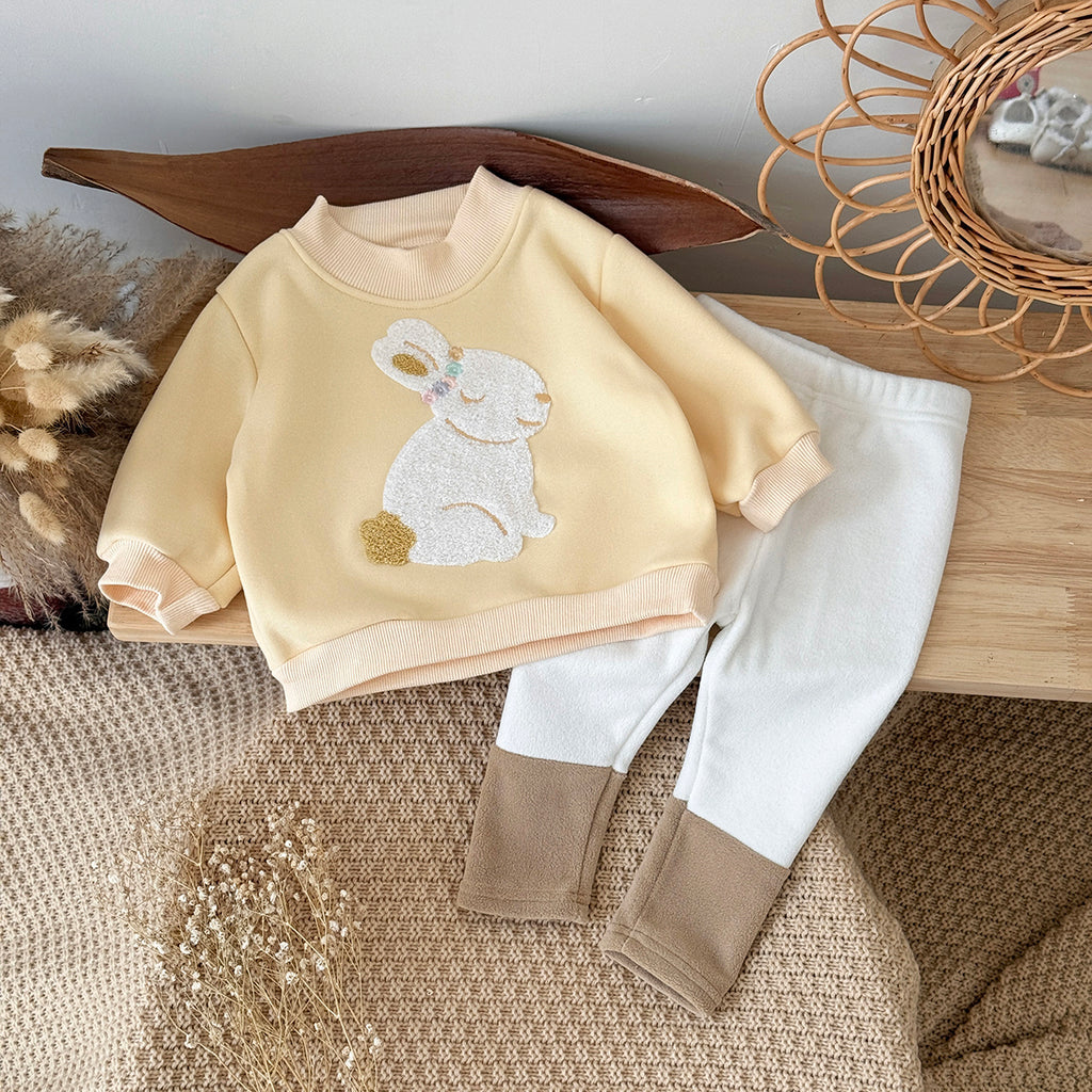 Yellow embroidered rabbit long-sleeved plush set (0-3 years)