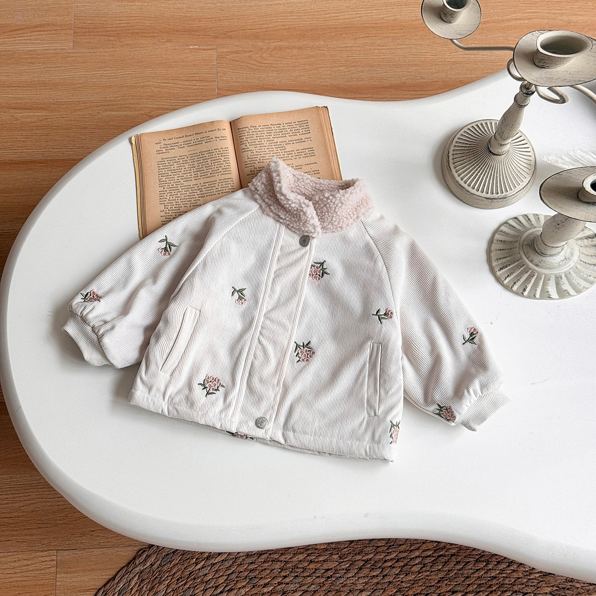 Beige embroidered winter jacket for 0-3 years old
