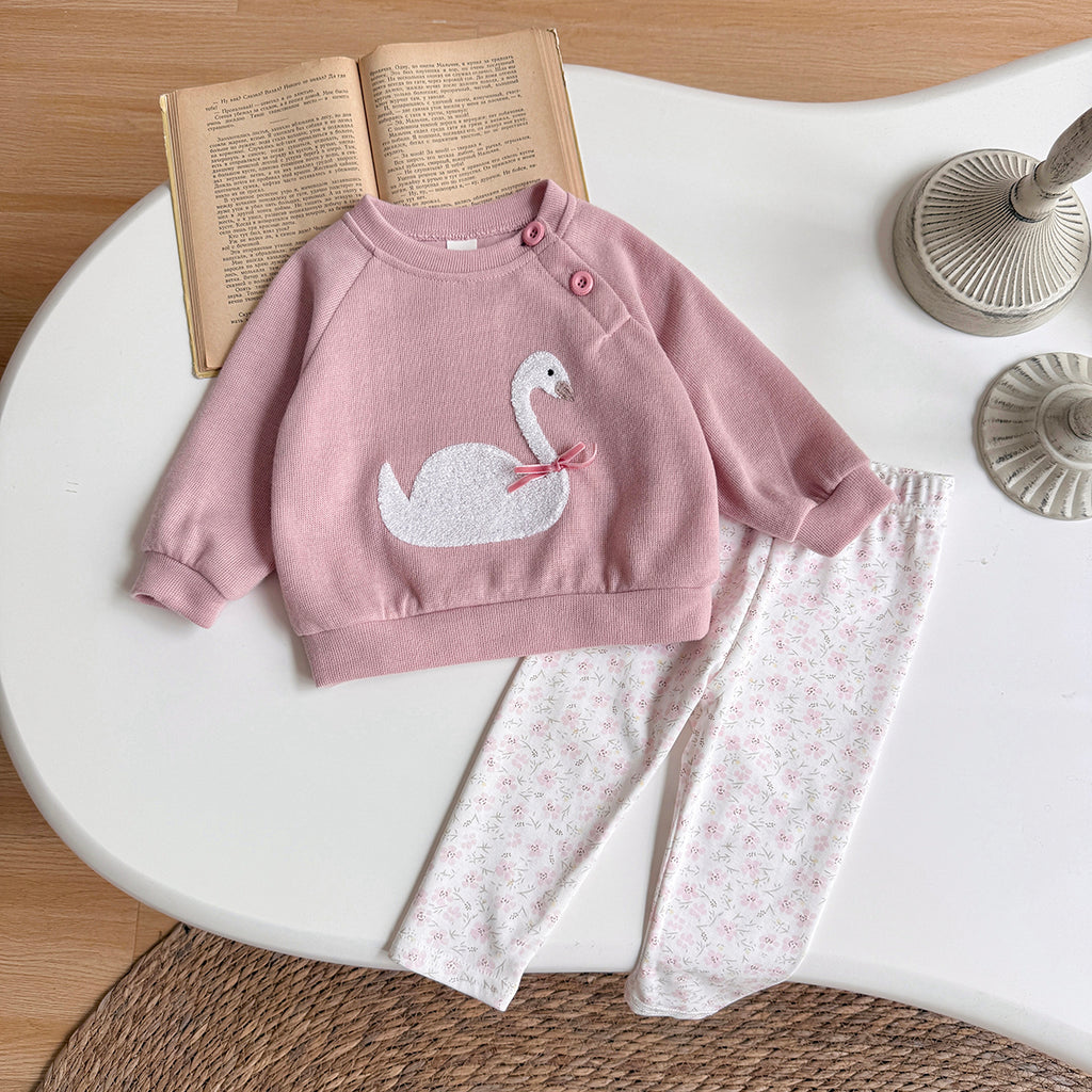 Pink Swan Towel Embroidery Girl Baby Set 0-3 Years Old