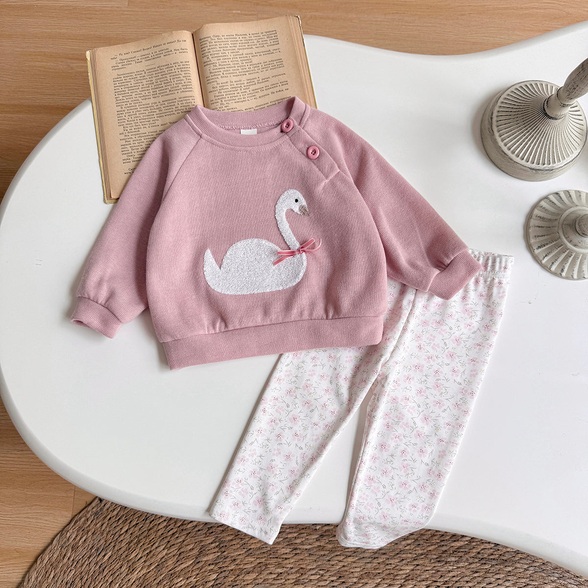 Pink Swan Towel Embroidery Girl Baby Set 0-3 Years Old