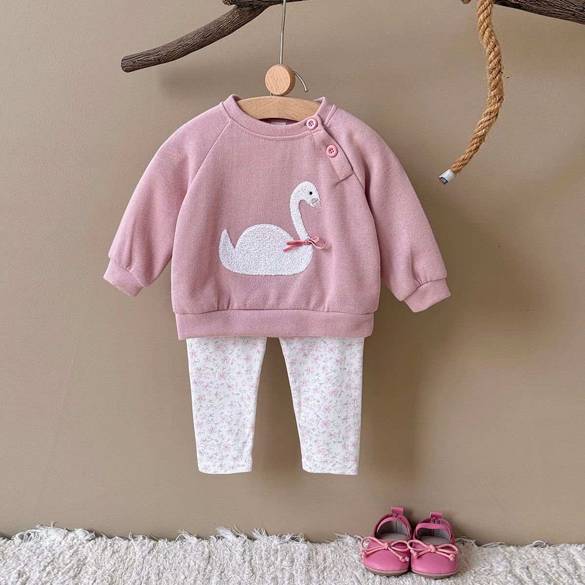 Pink Swan Towel Embroidery Girl Baby Set 0-3 Years Old