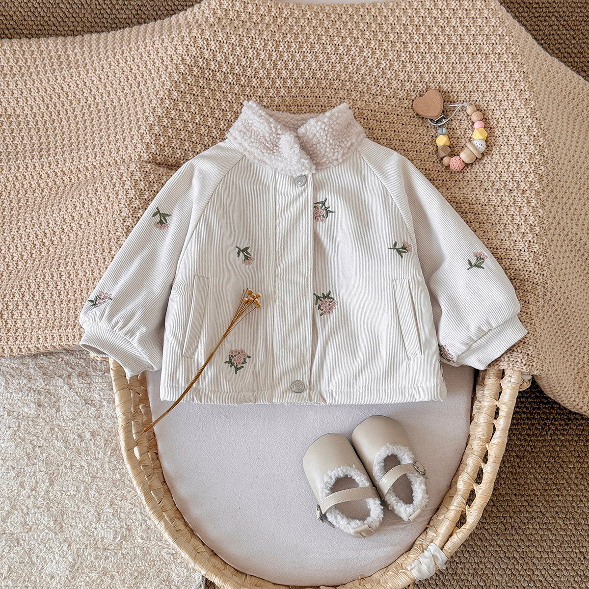 Beige embroidered winter jacket for 0-3 years old