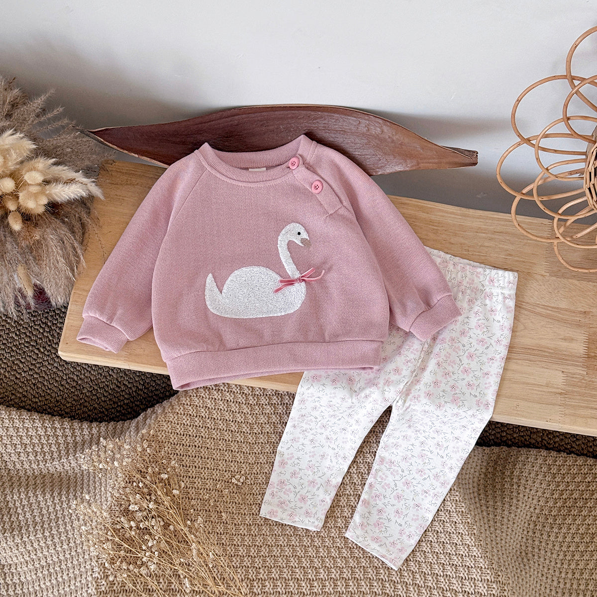 Pink Swan Towel Embroidery Girl Baby Set 0-3 Years Old