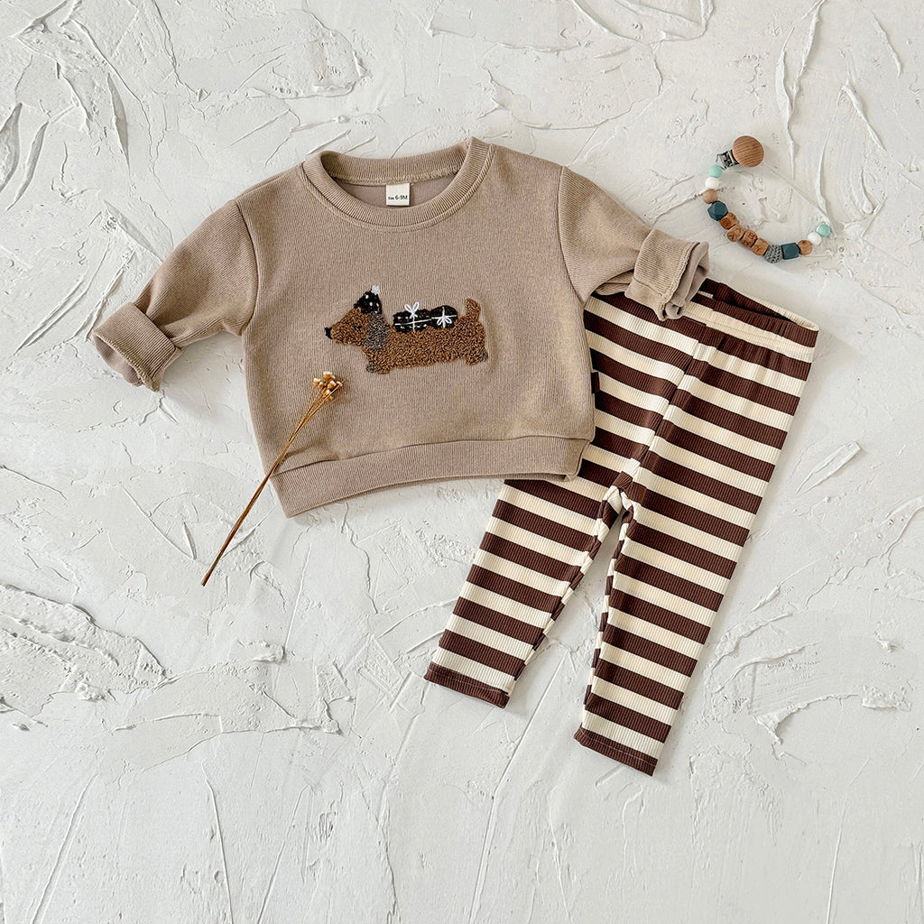 Spring Autumn Baby Set, Fun Dachshund Sweatshirt & Striped Pants