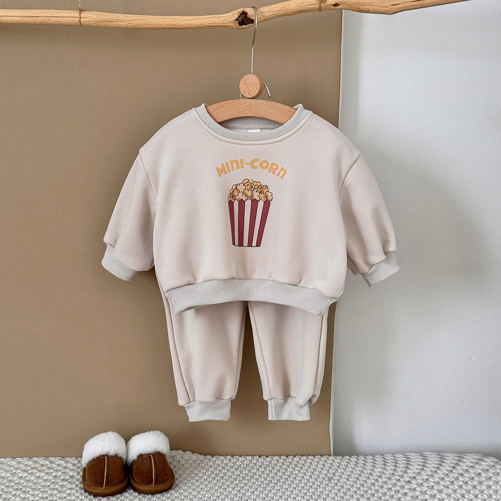 Fun Popcorn Print Baby Winter Fleece Set Crew Neck Sweatshirt Casual Pants