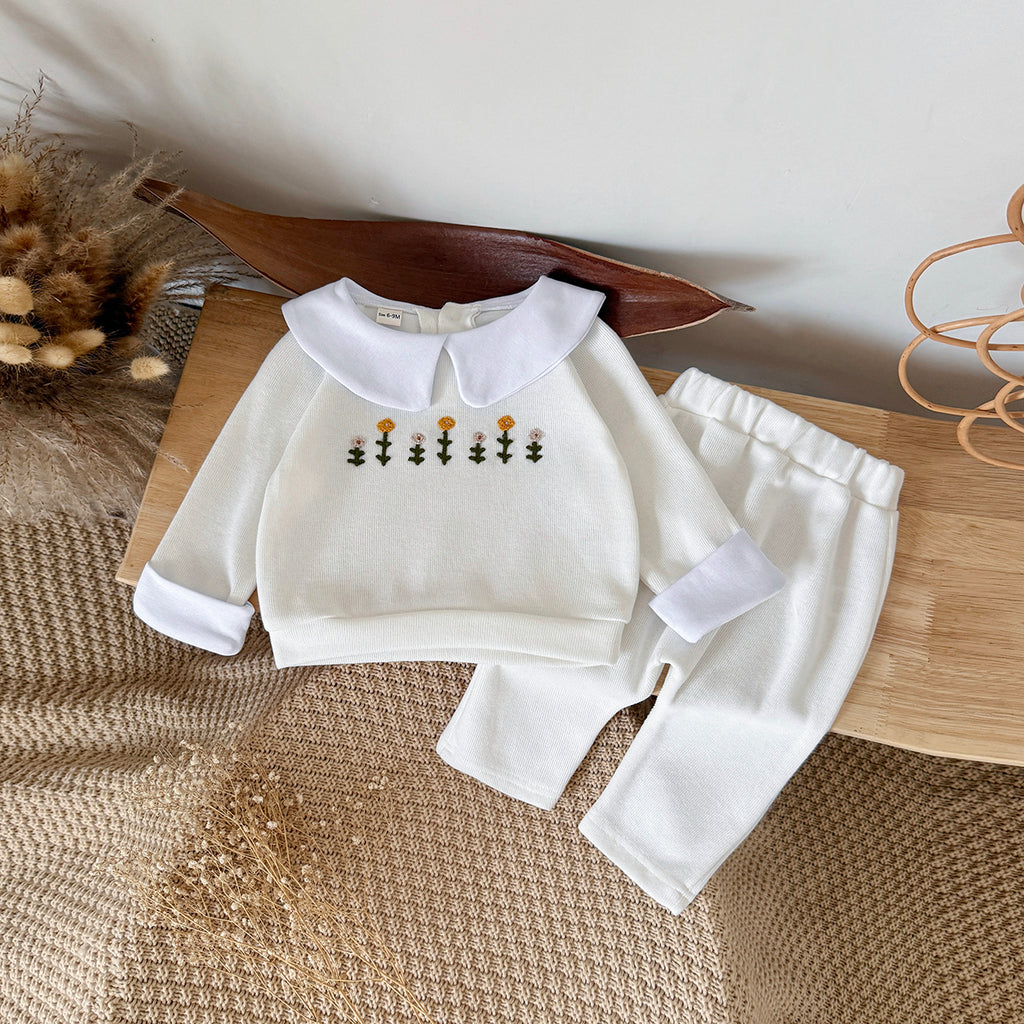 Baby Girl White Flower Embroidered Long Sleeve Set 0-3 Years Old