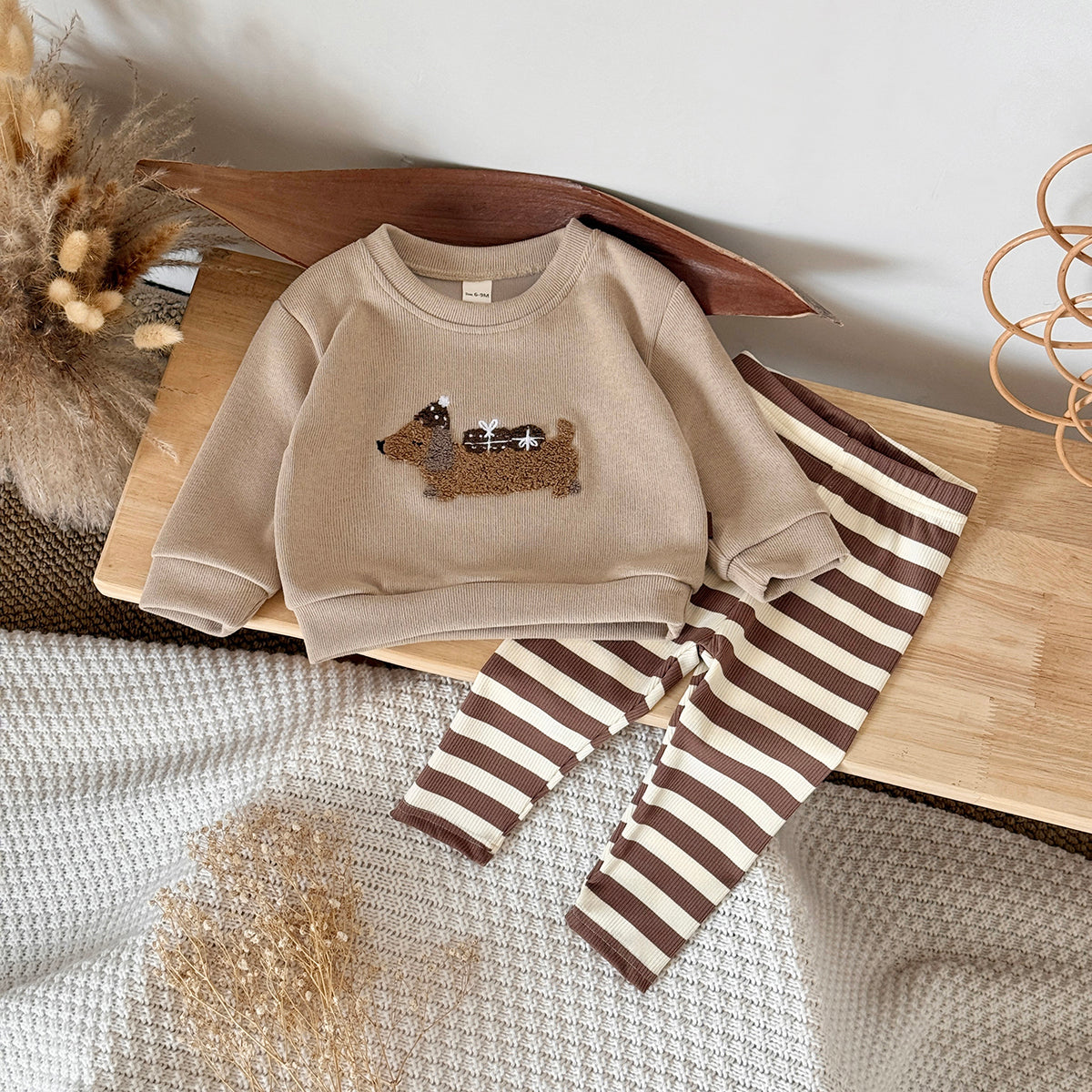 Spring Autumn Baby Set, Fun Dachshund Sweatshirt & Striped Pants