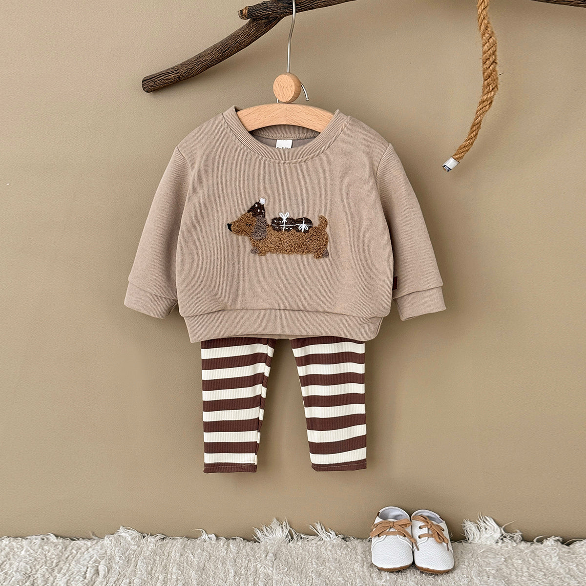 Spring Autumn Baby Set, Fun Dachshund Sweatshirt & Striped Pants