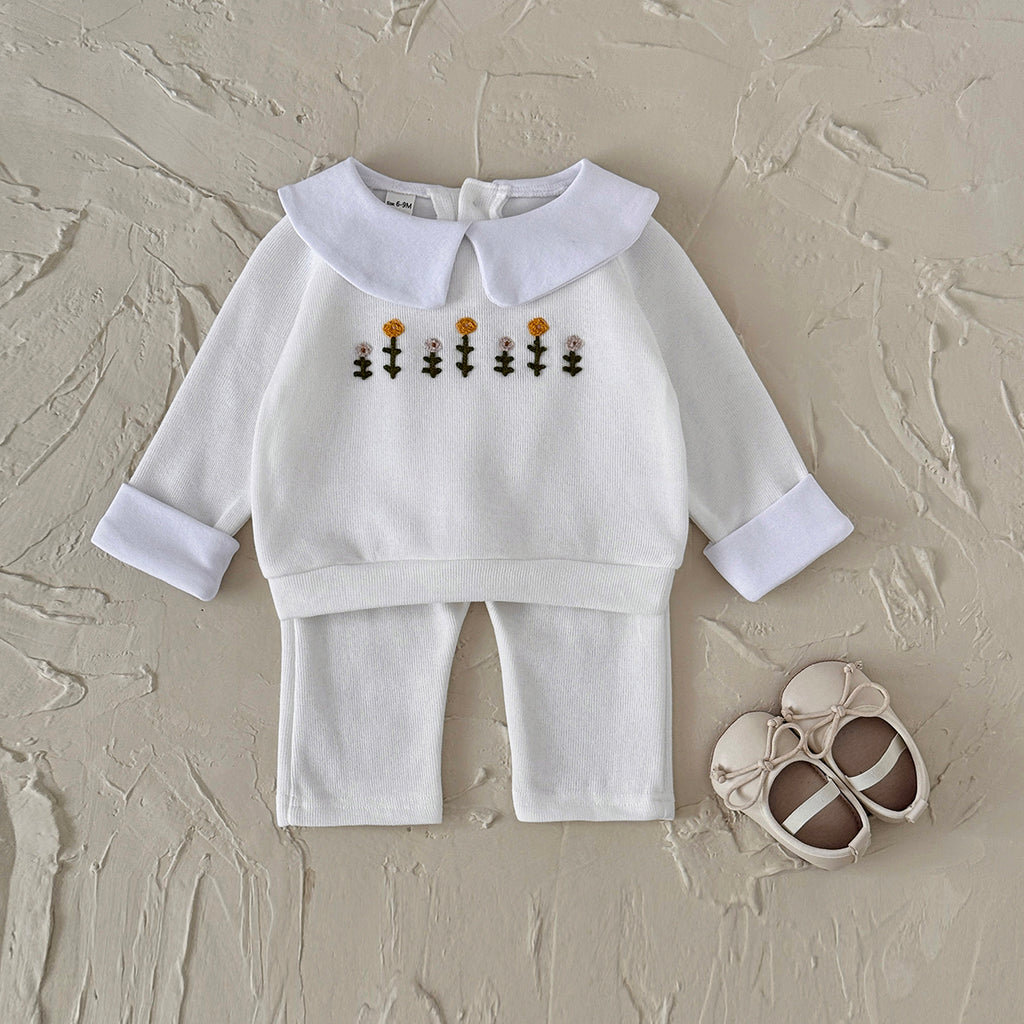 Baby Girl White Flower Embroidered Long Sleeve Set 0-3 Years Old