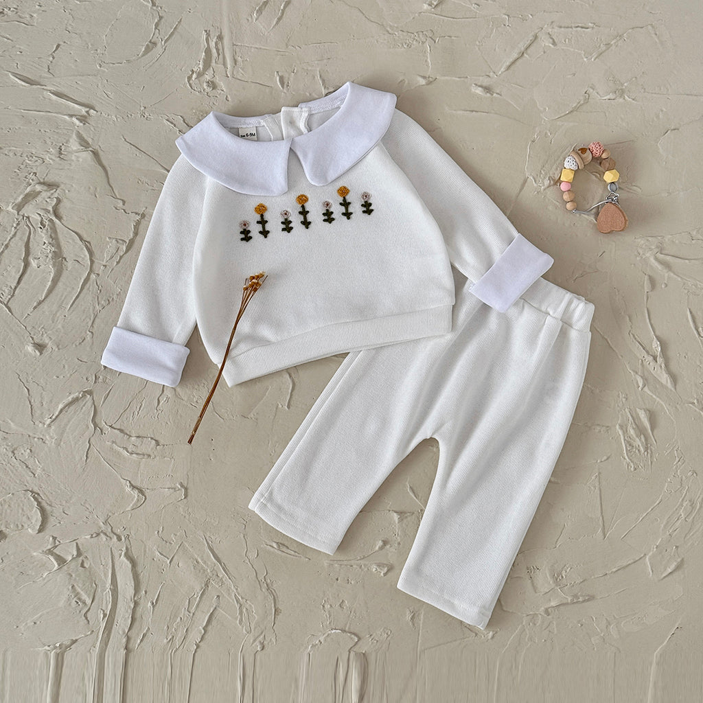 Baby Girl White Flower Embroidered Long Sleeve Set 0-3 Years Old