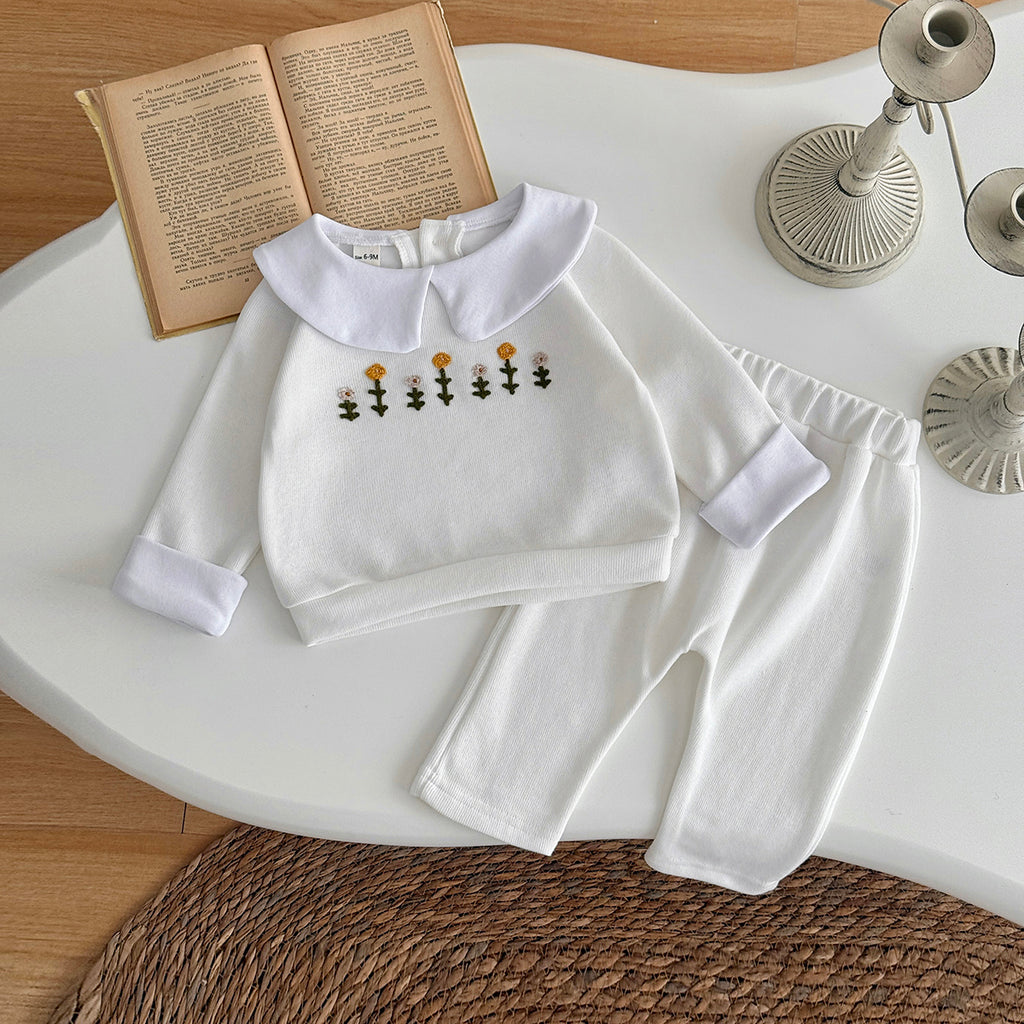 Baby Girl White Flower Embroidered Long Sleeve Set 0-3 Years Old